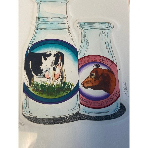 Darlene Hardie Cow Milk Bottle Etching Print Colored Framed Signed‎ Farmhouse - Picture 7 of 11